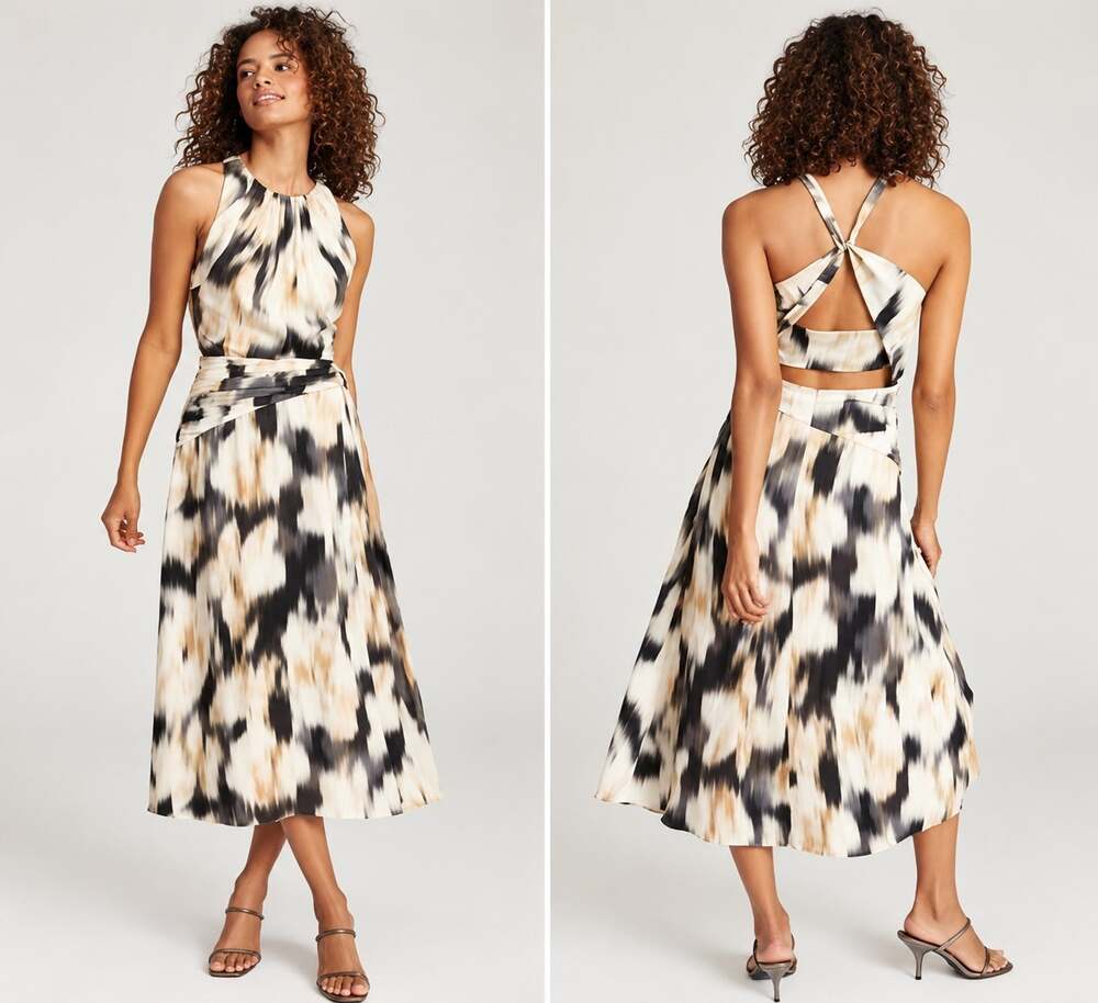 Reiss Gisele Black Yellow Smudge Print Midi Dress New US 10